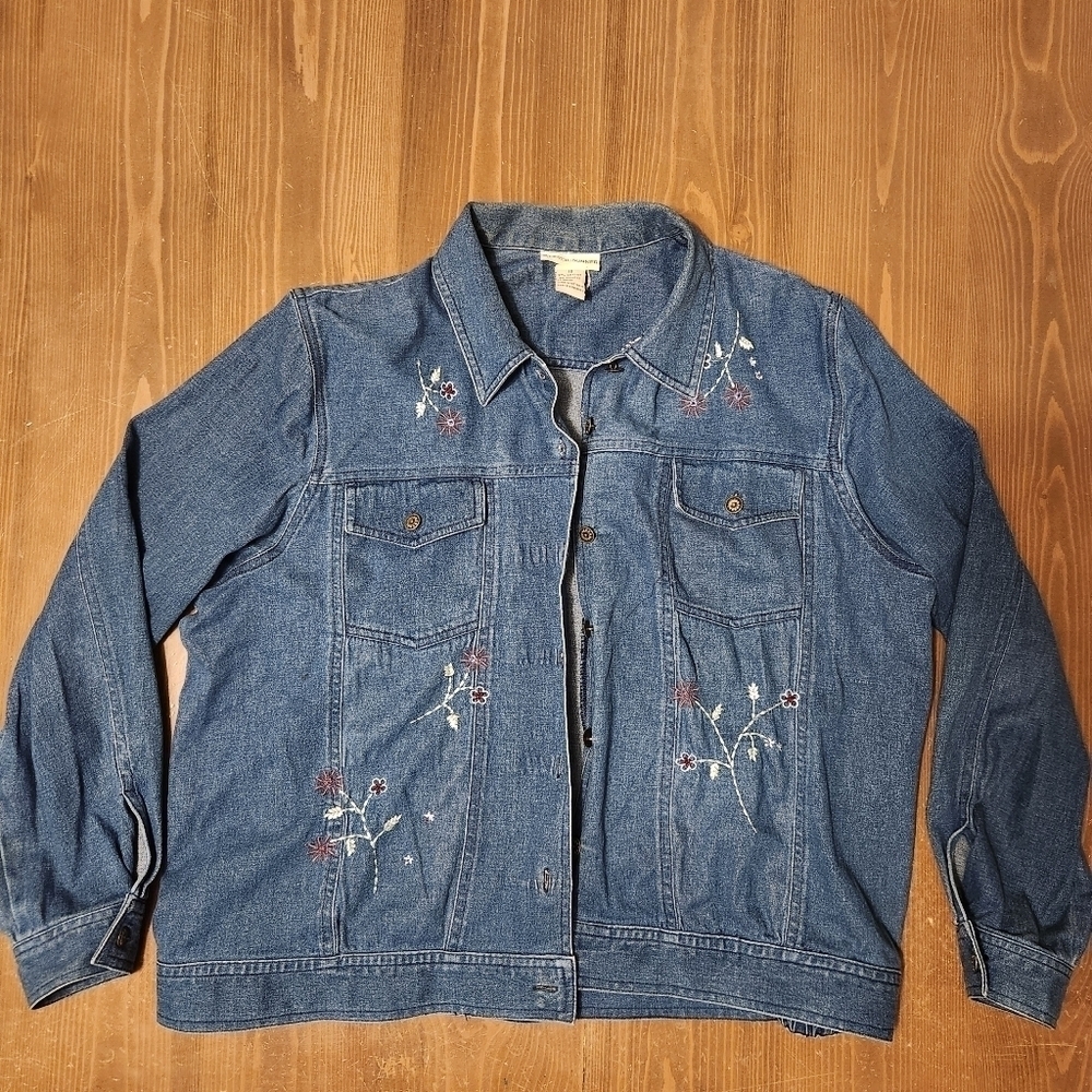 Vintage Alfred Dunner Denim Jean Jacket Button Up Women's Size 18 Blue Floral